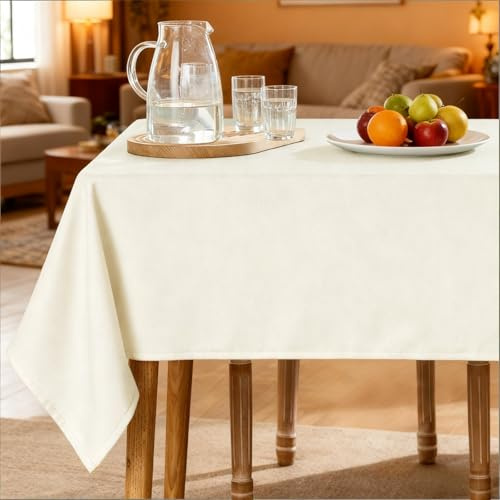 Sladdbart bordsduk, beige, 140 x 180 cm, linliknande utseende, i polyester, vattentät och reptålig, rektangulär, för vardagsrum, matsal, kök, balkong, trädgård