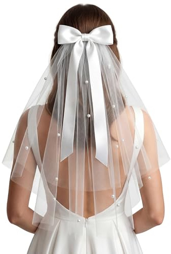Bride Veil, Short White 22.4 Inch Bachelorette Veil with Bow & Pearls - Elegant Tulle Comb Hold, Bridal Bridesmaid Gift for Women and Girls