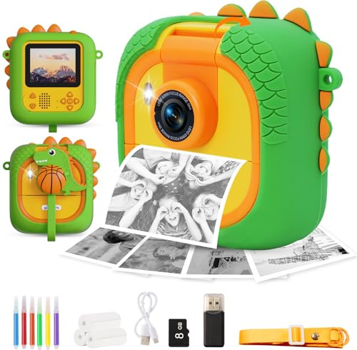 ARNSSIEN Sofortbildkamera Kinder mit 180°-Klappobjektiv, 2,4 1080P Kinderkamera mit 3 Druckpapier, für Kinder von 3–12 Jahren,Weihnachts Geburtstagsgeschenk für Jungen & Mädchen, M2 (Grün Dino)