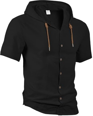 APAELEA Chemise Hommes en Lin Manches Courtes Été Bouton-en-Bas Chemise à Capuche Hawaii T-Shirts,Noir,L