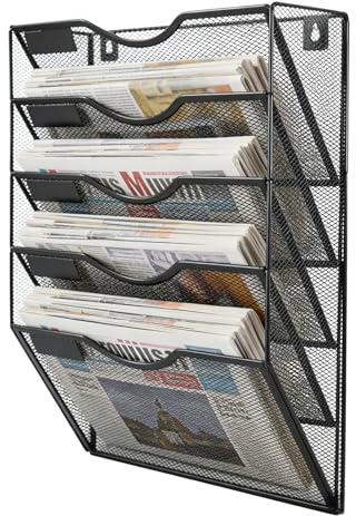 5 Compartiments Assembler Métal Porte Document Mural, Organisateur De Bureau À Suspendre, A4 Porte Revue Mural, Rangement Range Papier Pour Documents Et Magazines, Noir