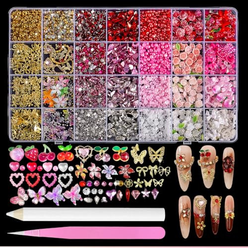 Tastetreasure 6000+ Pcs Nail Art Charms and Gems Kit, 28 Grids 3D Nail Rhinestones Set with Bows, Butterflies & Flowers, Professional Bedazzling Kit with Picker Pen and Tweezers for DIY Crafts