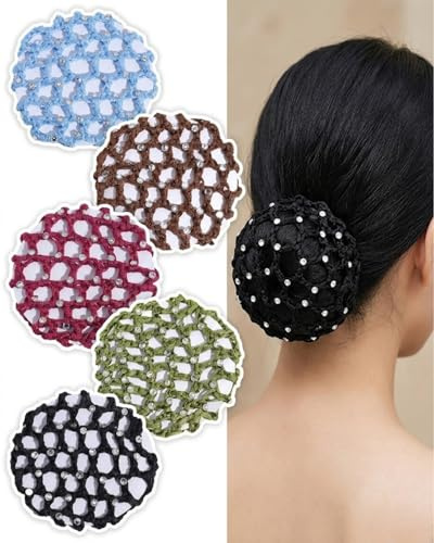 HAPZUR Retina per Capelli Chignon 5 Pezzi con Strass Luminosi, Rete Intrecciata Resistente per un Chignon Perfetto e Supporto Forte in Danza, Balletto e per Bambina