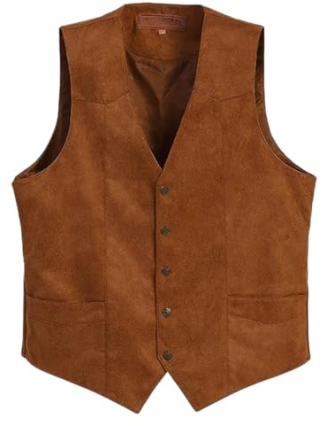 Mens V-Neck Suit Vest Sleeveless Classic Button-up Business Dress Waistcoat | Faux Suede Vintage Regular Fit Plain Formal Suit Top with Pockets, Casual Solid Sleeveless Gilet for Wedding Party Western