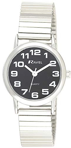 Ravel - Unisex-Uhr mit Edelstahl-Expanderarmband mit großen Zahlen und Zeigern - Analoges Quarzwerk - R0208.03.1S - Silbernes Ton/Schwarzen Zifferblatt