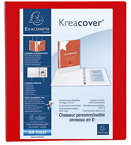Exacompta 51846RE Präsentationsringbuch KreaCover aus blickdichtem Kunststoff für DIN A4, 4-D Ring Mechanik 25 mm, Rücken 47 mm, rot ideal für Schule und Büro Ringhefter Ringordner Ringbuchordner