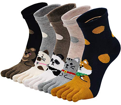 PUTUO Calcetines Cinco Dedos Mujer de Algodón: Calcetines del Dedo del Pie Divertidos Animales Perros