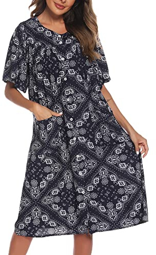 COSUNIONY House Dresses for Women Cotton Short Sleeve House Coat Buttons Down Dusters Robe with Pockets S-XXL, Navy, M