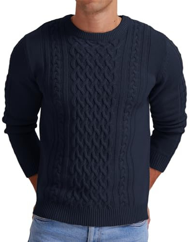 Hisir Pull Homme Hiver Cablé épais Col Rond Chaud Manches Longues Pullover Tricoté Col Rond Pulls Hommes (Bleu Marin, XL)