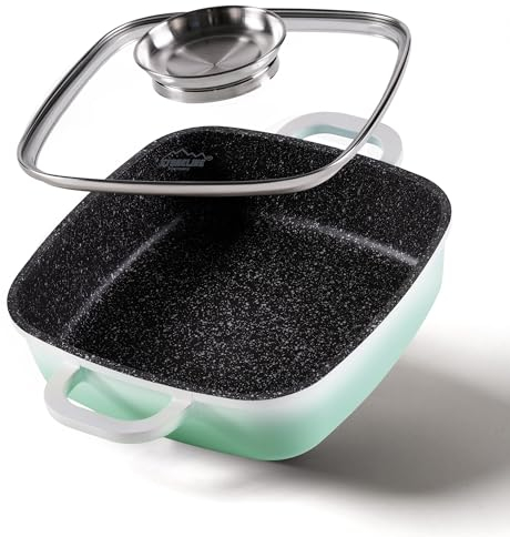 STONELINE Poêle à Servir carrée 20x20 cm, avec Couvercle Aromatique, Compatible à l'induction et au Four, Revêtement Antiadhésif avec de vraies particules de pierre, Menthe