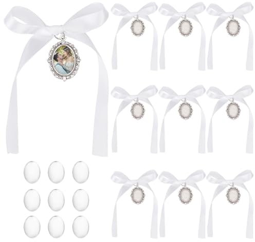 PH PandaHall Blumenstrauß Foto Charm - Ovaler Brautstrauß mit Antik Silber Spitzen Engel - Hochzeits Gedenk Erinnerungs Foto mit Satinband und Glasperlen