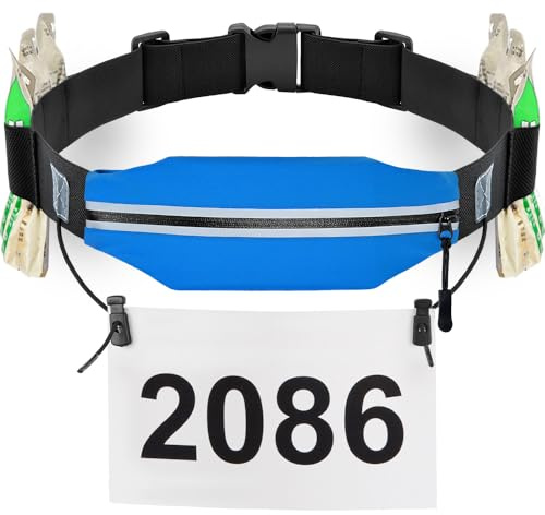 Slim Running Belt - Race Number Holder with 6 Energy Gel Loops for Workout, Jogging, Triathlon, Marathon, Running and Cycling, 02 Blue, One Size