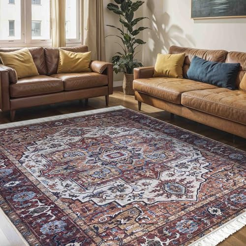 Mazovia Teppich Orientalisch Vintage - Waschbar rutschfest - Weich Traditioneller Teppich für Wohnzimmer Orientteppich - Fußbodenheizung geeignet - Rot Braun 80 x 150 cm