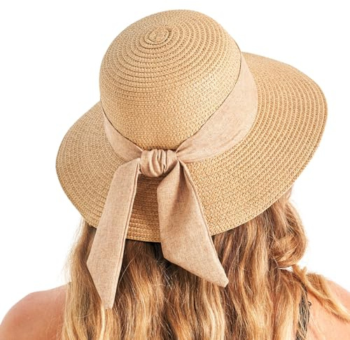 Cappelli da sole da spiaggia per donne UPF 50+, cappello di paglia a falda larga con decorazione a fiocco per donne, cappello da sole in paglia leggero, pieghevole e compatto per viaggi estivi