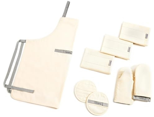 Caraway Linen Set - Apron, Pot Holders, Oven Mitts, & Tea Towels - 100% Organic Cotton - Durable, Machine Washable - Cream