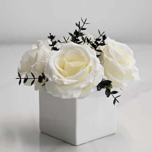 NAWEIDA Artificial Flowers with Small Ceramic Vases, Roses in Vases Plastic Artificial Flowers and Plants,Used for Home Office Wedding Decoration, Table Decoration-White
