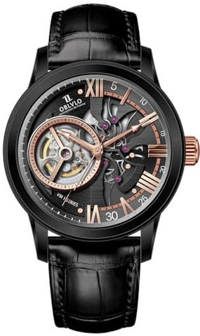 OBLVLO Orologio automatico di lusso, quadrante scheletro blu, cassa in oro rosa, cinturino in pelle, VM-Q-TBBL, Lusso