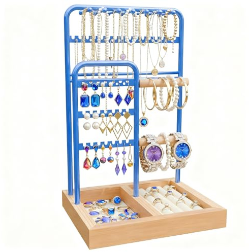 Smyckesställ, kedjeställ smycken, kedjehållare smyckesställ, smyckesbricka sammet, smyckesträd kedjehållare med förvaringsbas, kedjeförvaringsställ för halsband, armband, ringar, blå
