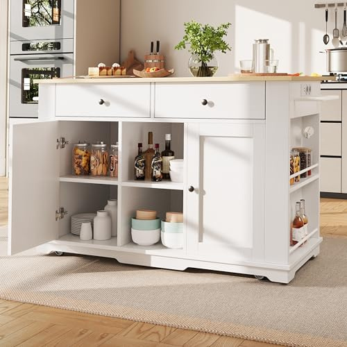 Ymkua Carrello Da Cucina, Isola da Cucina, Mobile da Cucina con Piano di Lavoro Pieghevole e Ruote, Carrello da Portata con 2 Ante e 2 Cassetti, Mobile Buffet con Presa, 151.5x84.7x91.7 cm (Bianco)