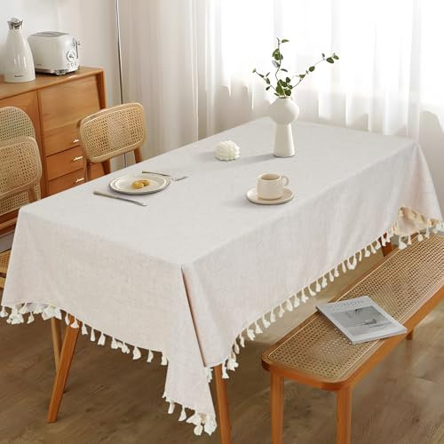 Eternal Beauty Rectangle TableCloth Faux Linen Table Cloth 140x180cm，Wipe Clean Cotton Table Cover Tassel for Home Dining Party Restaurant Decoration (140x180cm,Beige)
