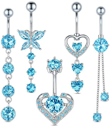5 Pcs Belly Button Bars,Belly Bar 14G Navel Bars,Dangly Belly Button Piercing Jewellery,Silver Stainless Steel Belly Bars with Flower Butterfly Heart Navel Piercing Jewelry for Women Girls(Blue)