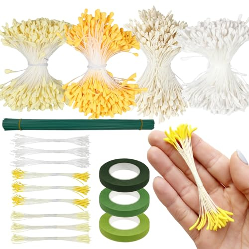 Pistilos para Limpiapipas (3mm+1mm), Doble Cabeza, Cantidad Suficiente, con Alambre para Flores y la Cinta Floral, Adecuado para Manualidades Florales, Decoración de Proyectos DIY