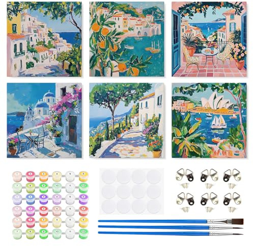 TLIOBLO 6 Pièces Paysages Peinture par Numéros avec Cadre pour Adulte, DIY Voyage Peinture pour Adultes Enfants Débutants Facile sur Toile avec Peintures et Pinceaux, Décor Maison Cadeaux 20x20cm