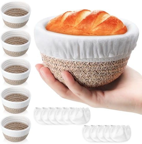 Honeydak 6 Pcs Cotton Rope Banneton Bread Proofing Basket Sets Round Sourdough Bowls with Two Liners for Artisan Sourdough Bread Making Handmade Kitchen Professionals (5,White, Brown)