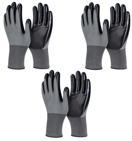 SGERUFZ 3 Paia di Guanti da Lavoro Professionali Nylon e Nitrile, Guanti di Protezione Antiscivolo e abrasionresistenti, con Protezione per Il Polso Allungata, Comodi da Indossare, Grigio-Nero