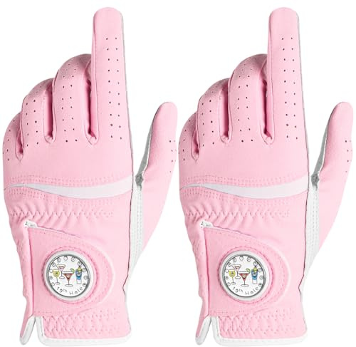 AXKAL Hochwertige, bequeme Damen-Golfhandschuhe mit Ballmarker, 2 Stück, Allwetter-Griff, weicher Handschuh für Links- und Rechtshänder, reguläre atmungsaktive Passform, Geschenk für Damen (Rosa, M