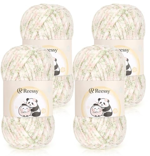 Reessy Chenille Yarn 400g, Soft Chunky Wool for Crochet-White Green Pink | Fluffy Velvet Chenille Wool Ombre, Rainbow Thick Yarn Chunky Wool for Knitting Exquisite Crafts, Amigurumi, Baby Blanket