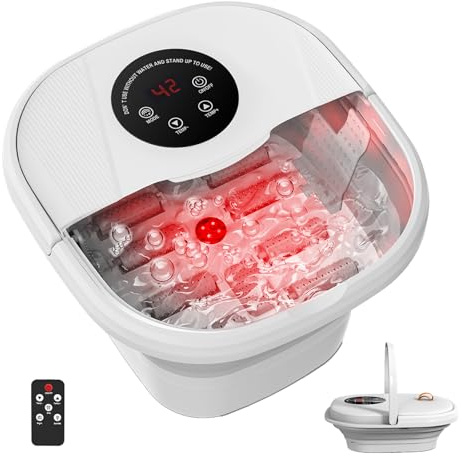 Pediluvio Massaggiatore Piedi Elettrico, Pieghevole Idromassaggio Piedi con Telecomando e Riscaldamento, Bolle Massaggio, 8 Rotoli di Massaggio Shiatsu e Luce Rossa, 35℃-48℃ Temperatura Regolabile
