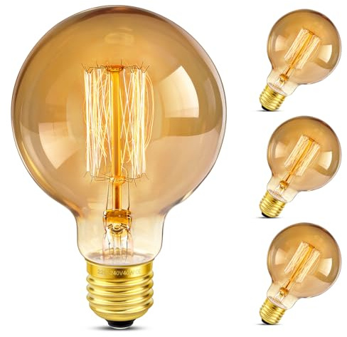 E27 Vintage Edison Light Bulbs Dimmable, Amber Glass Warm White 2700K, 400 lumen, ES Edison Screw, G80 Globe Vintage Bulb, Spiral Filament Bulbs, Retro Decorative for Ceiling, Chandelier, 4 Pack