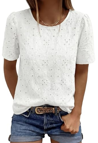 PRETTYGARDEN Embroidered Eyelet Tops for Women Summer Blouses Dressy Casual 2026 Spring Work Teacher Puff Short Sleeve Shirts (White,Large)