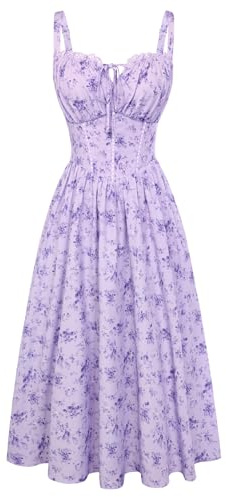SCARLET DARKNESS Women Floral Corset Dress Summer Boho Milkmaid Sundress | Cutout Waist, Smocked Back, Pockets, for Casual, Wedding Guest, Tea Party, Vacation