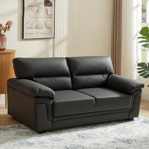 Panana Faux Leather Sofa, Pillow Arms, Cushion Back, 2 Seater or 3 Seater, Black or Beige (Black Color, 3 Seater) | Leather Sofa