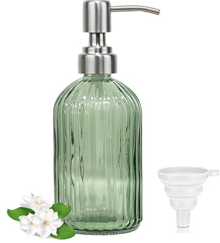 Green Soap Dispenser Bathroom, Glass Soap Dispenser Stainless Steel Pump | 400ml Refillable Hand Wash Soap Dispenser with Funnel, Kitchen Washing Up Liquid Dispenser Pump Bottle for Lotion, Shampoo