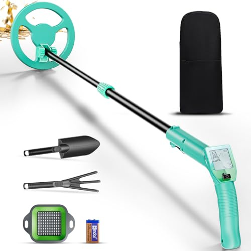 Detecteur Metaux Enfant, Léger Détecteur de Métaux avec Tige Réglable de 66 à 83CM, écran LCD et Disque de Recherche étanche, Détecteurs Métaux pour Enfants avec Pelle Râteau Tamis Sac(Vert)