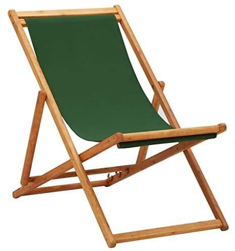 YunCangg Foldable Eucalyptus Wood Beach Chair with Green Fabric, Adjustable in 3 Positions, Weatherproof and Lightweight, Ideal as a Garden Chair, Balcony Chair, Camping Chair for Outdoor and Patio
