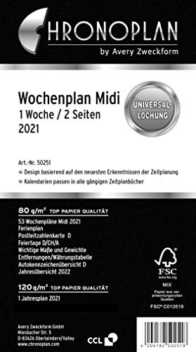Chronoplan 50251 kalenderinlägg 2021, veckoplanering midi i rader (96 x 172 mm), ersättningskalendarium, perfekt för detaljerad veckoplanering, universell allochning (1 vecka på 2 sidor), vit