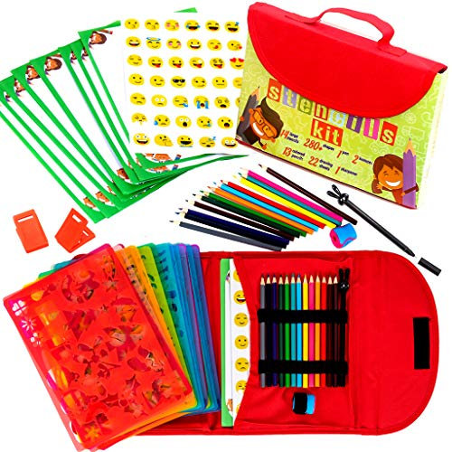 Zeichenschablonen für Kinder-Set und Tragetasche – – kindersicheres, ungiftiges Schablonen-Set mit 300 Formen, Buntstiften, Papier usw. – Reise-Kunstzubehör für Kreativität, Lernen, Spaß