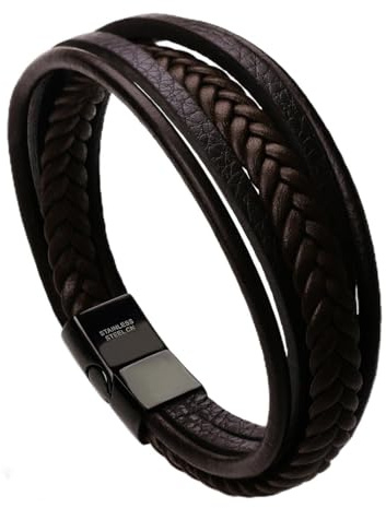 murtoo Bracelet for Man Cowhide Genuine Leather Women Unisex Cuff Wrap Bracelet Brown Black Multi-Layer Magnetic Clasp Rope Wristband (Brown, 8.7'')