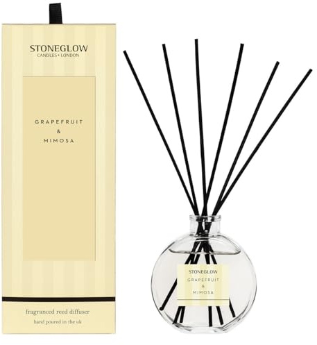 Stoneglow Modern Classics Grapefruit & Mimosa Scented Reed Diffuser 120ml with 12 Rattan Reed Diffuser Sticks, Grapefruit Blackcurrant Apple Mimosa & Lilac, Lasts 10 Weeks, Refillable Home Fragrance