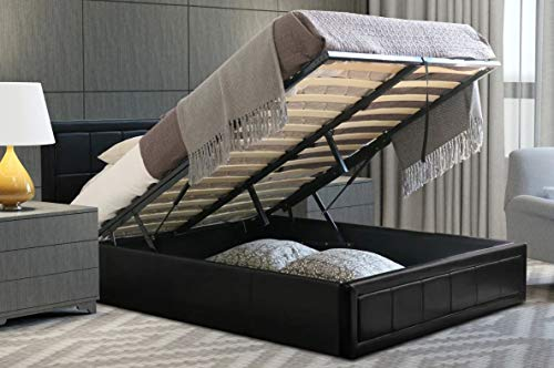 Home Treats Black Leather Padded Ottoman Modern Underbed Storage King Sized Bed Frame with Headboard Only Front Opening Gas Lift Hydraulic Struts