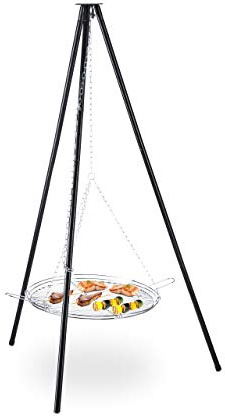 Relaxdays Barbecue pivotant avec Chaine de Traction, en Acier, Grillage de 52cm, réglable en Hauteur, trépied HxD:151