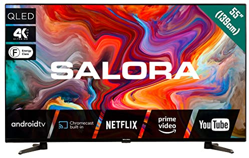 SALORA 55QLEDTV 55-Zoll Fernseher – Smart TV 55 Zoll, 4K UHD, HDR10, HLG, Android TV, WLAN & Bluetooth, Dolby Audio, Google Chromecast, 3 HDMI, Energieklasse F – Ideal für Gaming & Streaming