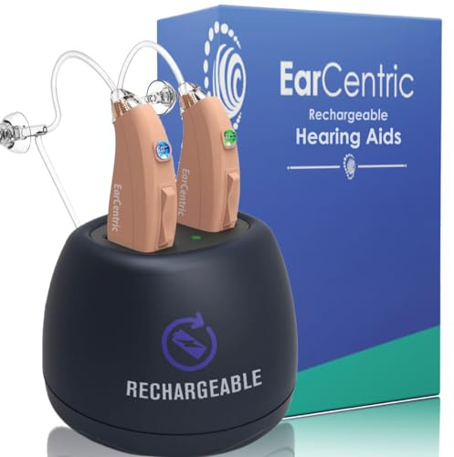 Ear Centric EarCentric EasyCharge Rechargeable Hearing Aids (Pair) for Seniors, Behind-The-Ear BTE Ear Aid PSAP digital Personal sound amplification products devices with Noise Cancellation (Beige)