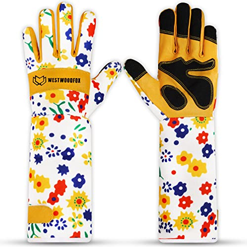 WESTWOOD FOX Leather Gardening Gloves Long Forearm Protection Sleeves Thorn Proof Work Gloves Rose Pruning Garden Safety Breathable Durable Thick Palm Gauntlet Gift for Men and Women (Yellow, M)