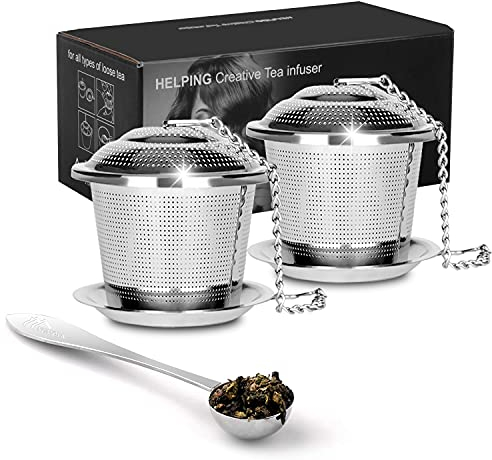 Memotoo Tea Ball Strainers for Loose Tea, Stainless Steel Mesh Tea Ball, Fine Mesh Tea Strainers with Spoon and Drip Trays, Tea Diffuser and Steeper with Extented Chain Hook for Tea Lovers