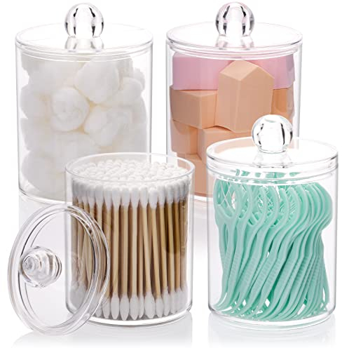 JOTOM 4PCS Cotton Pad Holder with Lid for Bathroom Storage Cotton Bud Holder Acrylic Cotton Swab Dispenser Clear Round Cotton Wool Bud Jar for Vanity Small Qtip Container Makeup Organiser Set (4)